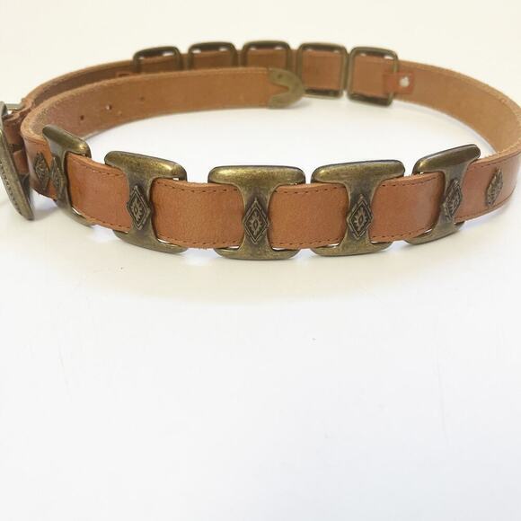 VTG 90’s Robinson's BROWN LEATHER BELT Brass Metal Buckle and Conchos 30-34 - Picture 3 of 9